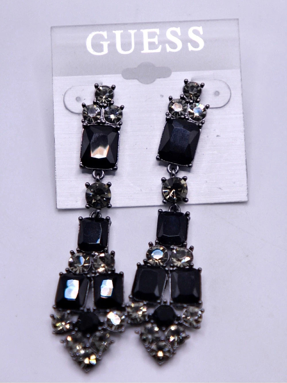 GUESS Black & Gunmetal tone Statement Drop Earrings NWT
